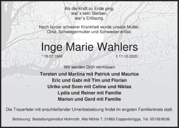 Traueranzeige von Inge Marie Wahlers von Deister- und Weserzeitung