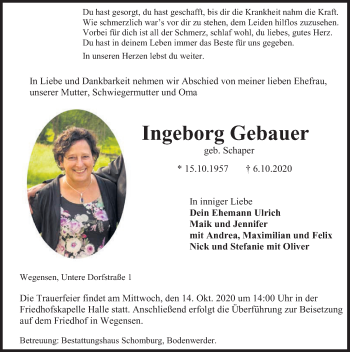 Traueranzeige von Ingeborg Gebauer von Deister- und Weserzeitung