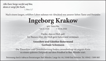 Traueranzeige von Ingeborg Krakow von Neue Deister-Zeitung