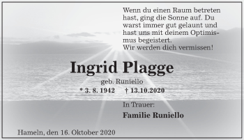 Traueranzeige von Ingrid Plagge von Deister- und Weserzeitung