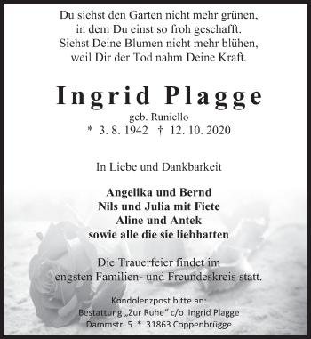 Traueranzeige von Ingrid Plagge von Deister- und Weserzeitung