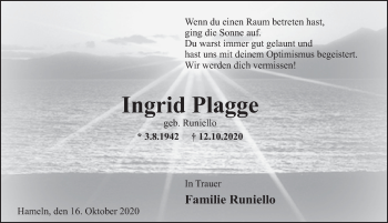 Traueranzeige von Ingrid Plagge von Deister- und Weserzeitung