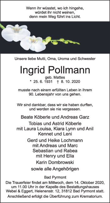 Traueranzeige von Ingrid Pollmann von Deister- und Weserzeitung