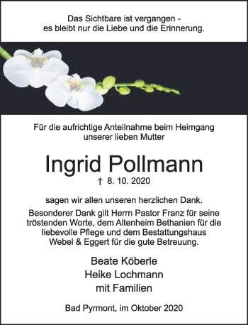Traueranzeige von Ingrid Pollmann von Deister- und Weserzeitung
