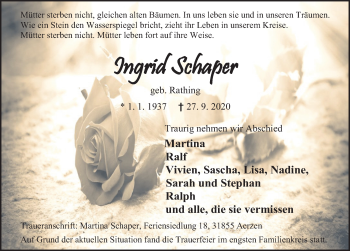 Traueranzeige von Ingrid Schaper von Deister- und Weserzeitung