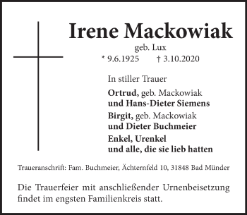 Traueranzeige von Irene Mackowiak von Neue Deister-Zeitung