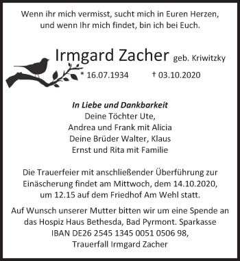 Traueranzeige von Irmgard Zacher von Deister- und Weserzeitung