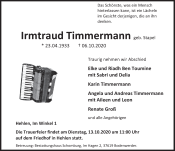 Traueranzeige von Irmtraud Timmermann von Deister- und Weserzeitung
