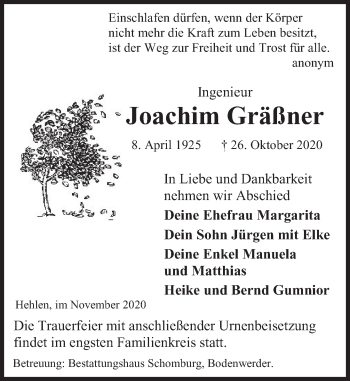 Traueranzeige von Joachim Gräßner von Deister- und Weserzeitung