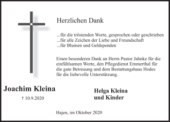 Traueranzeige von Joachim Kleina von Deister- und Weserzeitung
