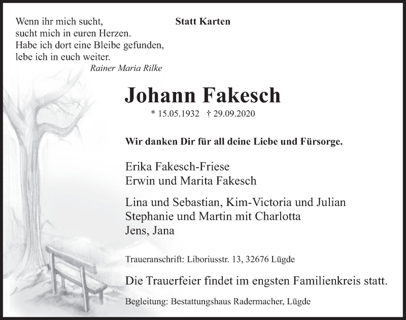  Traueranzeige für Johann Fakesch vom 05.10.2020 aus Deister- und Weserzeitung