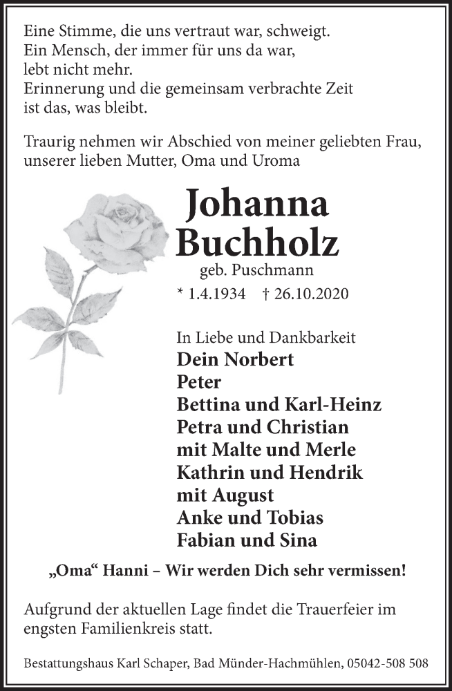  Traueranzeige für Johanna Buchholz vom 30.10.2020 aus Deister- und Weserzeitung