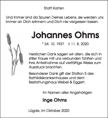 Traueranzeige von Johannes Ohms von Deister- und Weserzeitung