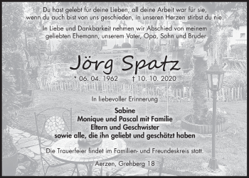 Traueranzeige von Jörg Spatz von Deister- und Weserzeitung