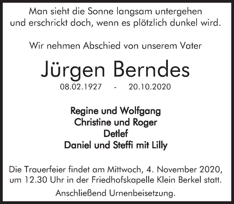  Traueranzeige für Jürgen Berndes vom 30.10.2020 aus Deister- und Weserzeitung