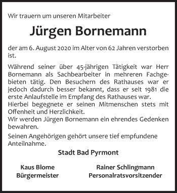 Traueranzeige von Jürgen Bornemann von Deister- und Weserzeitung