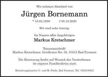Traueranzeige von Jürgen Bornemann von Deister- und Weserzeitung