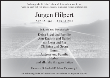 Traueranzeige von Jürgen Hilpert von Deister- und Weserzeitung