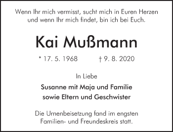 Traueranzeige von Kai Mußmann von Deister- und Weserzeitung