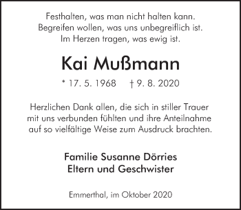 Traueranzeige von Kai Mußmann von Deister- und Weserzeitung