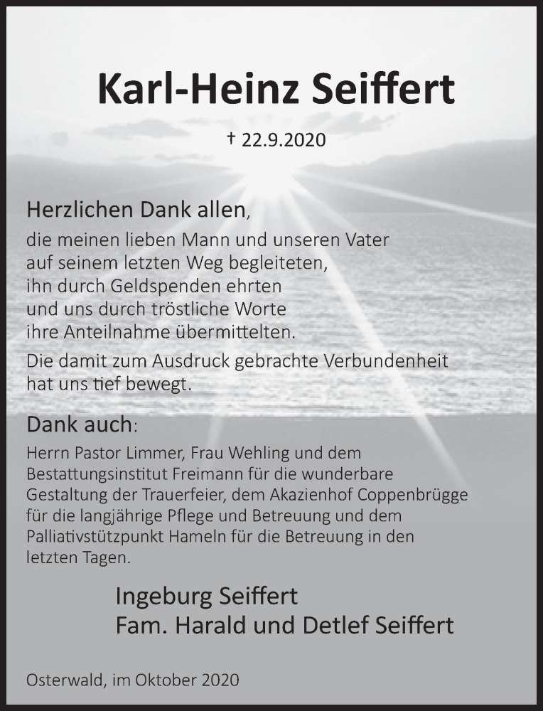  Traueranzeige für Karl-Heinz Seiffert vom 17.10.2020 aus Deister- und Weserzeitung