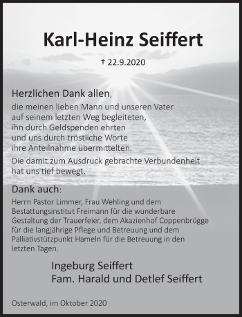 Traueranzeige von Karl-Heinz Seiffert von Deister- und Weserzeitung