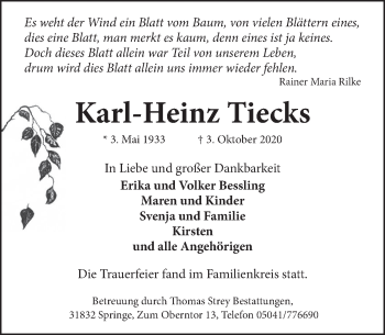 Traueranzeige von Karl-Heinz Tiecks von Neue Deister-Zeitung