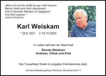 Traueranzeige von Karl Weiskam von Deister- und Weserzeitung