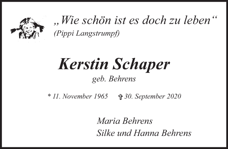 Traueranzeige für Kerstin Schaper vom 07.10.2020 aus Deister- und Weserzeitung