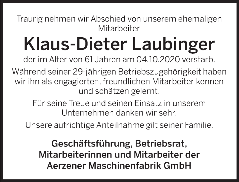  Traueranzeige für Klaus-Dieter Laubfinger vom 13.10.2020 aus Deister- und Weserzeitung
