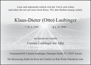 Traueranzeige von Klaus-Dieter  Laubinger von Deister- und Weserzeitung