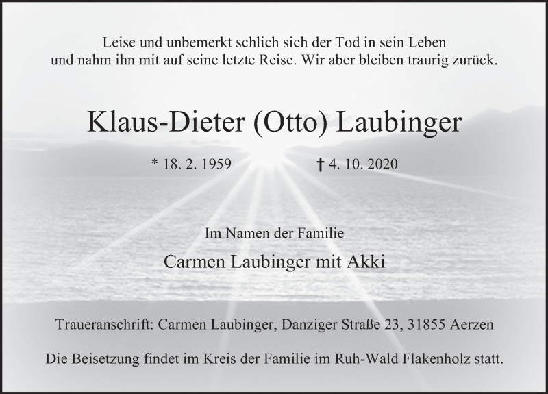  Traueranzeige für Klaus-Dieter  Laubinger vom 10.10.2020 aus Deister- und Weserzeitung