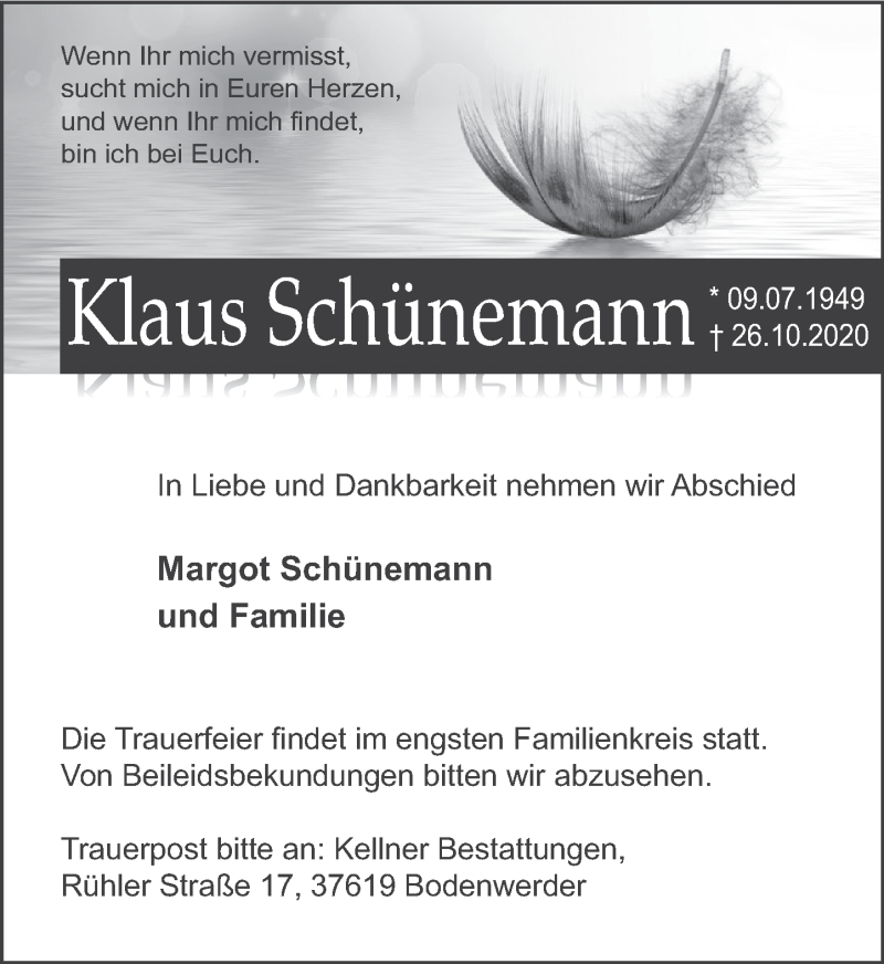  Traueranzeige für Klaus Schünemann vom 30.10.2020 aus Deister- und Weserzeitung