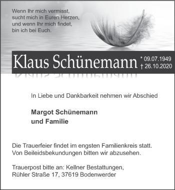 Traueranzeige von Klaus Schünemann von Deister- und Weserzeitung