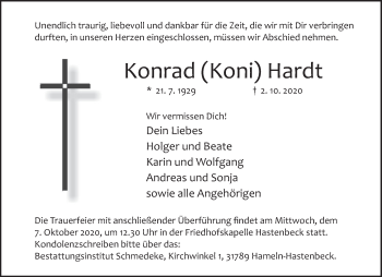 Traueranzeige von Konrad Hardt von Deister- und Weserzeitung