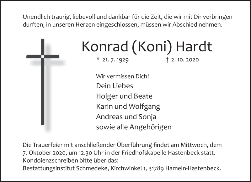  Traueranzeige für Konrad Hardt vom 05.10.2020 aus Deister- und Weserzeitung