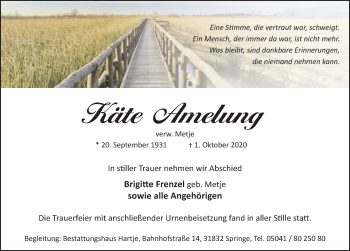 Traueranzeige von Käte Metje von Neue Deister-Zeitung