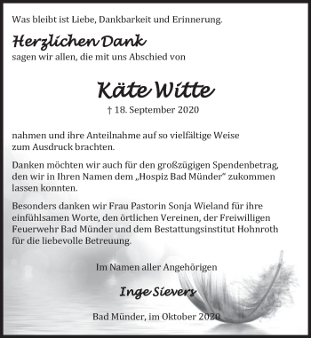 Traueranzeige von Käte Witte von Neue Deister-Zeitung