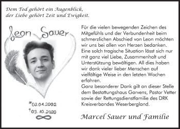 Traueranzeige von Leon Sauer von Deister- und Weserzeitung