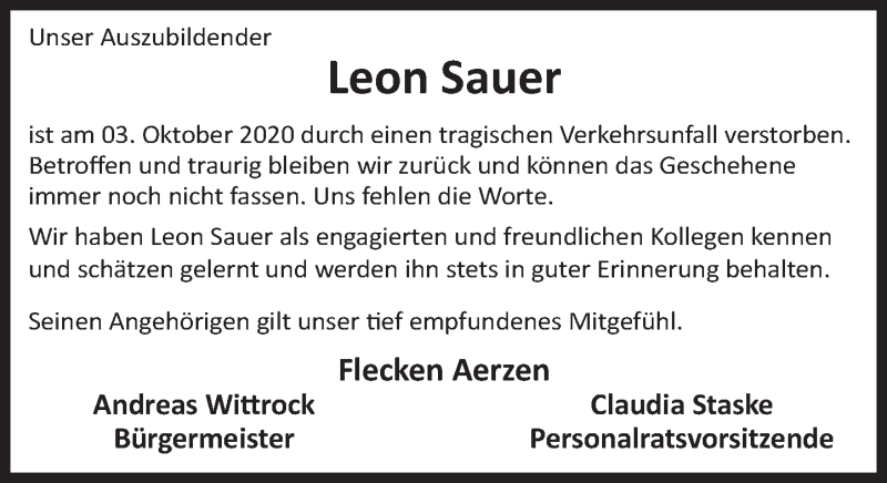  Traueranzeige für Leon Sauer vom 10.10.2020 aus Deister- und Weserzeitung