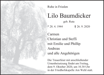 Traueranzeige von Lilo Baumdicker von Deister- und Weserzeitung