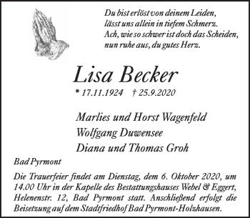 Traueranzeige von Lisa Becker von Deister- und Weserzeitung