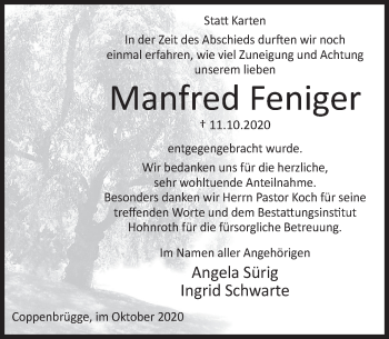 Traueranzeige von Manfred Feniger von Deister- und Weserzeitung