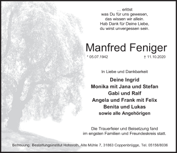 Traueranzeige von Manfred Feniger von Deister- und Weserzeitung