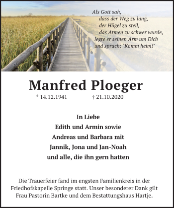 Traueranzeige von Manfred Ploeger von Neue Deister-Zeitung