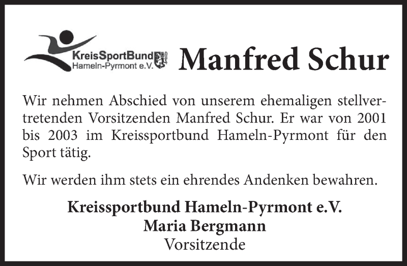  Traueranzeige für Manfred Schur vom 08.10.2020 aus Deister- und Weserzeitung