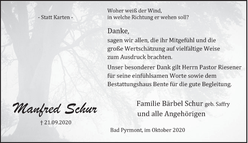  Traueranzeige für Manfred Schur vom 17.10.2020 aus Deister- und Weserzeitung
