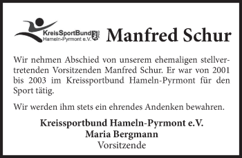 Traueranzeige von Manfred Schur von Deister- und Weserzeitung