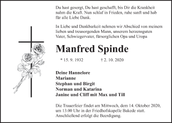 Traueranzeige von Manfred Spinde von Neue Deister-Zeitung
