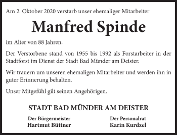 Traueranzeige von Manfred Spinde von Neue Deister-Zeitung